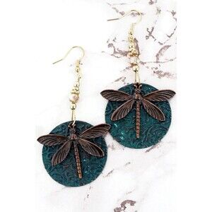 Copper Dragonfly Earrings Disc Fish Hook - Cottage Core, Dragonfly Jewelry Boho